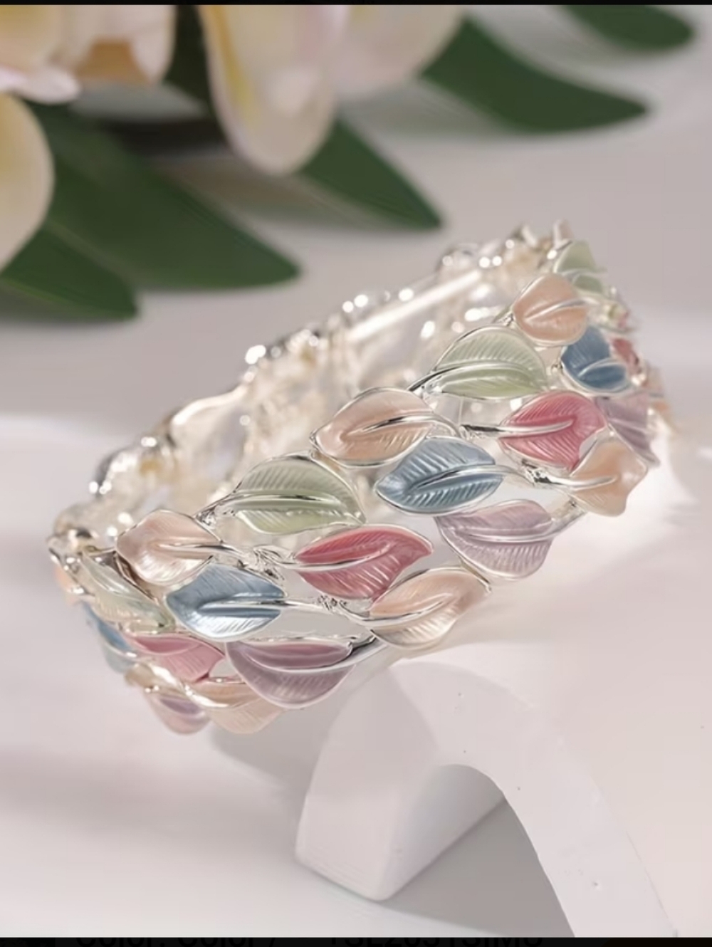 Pastel Leaf Silver-Tone Stretch Bracelet - Picture 3 of 7